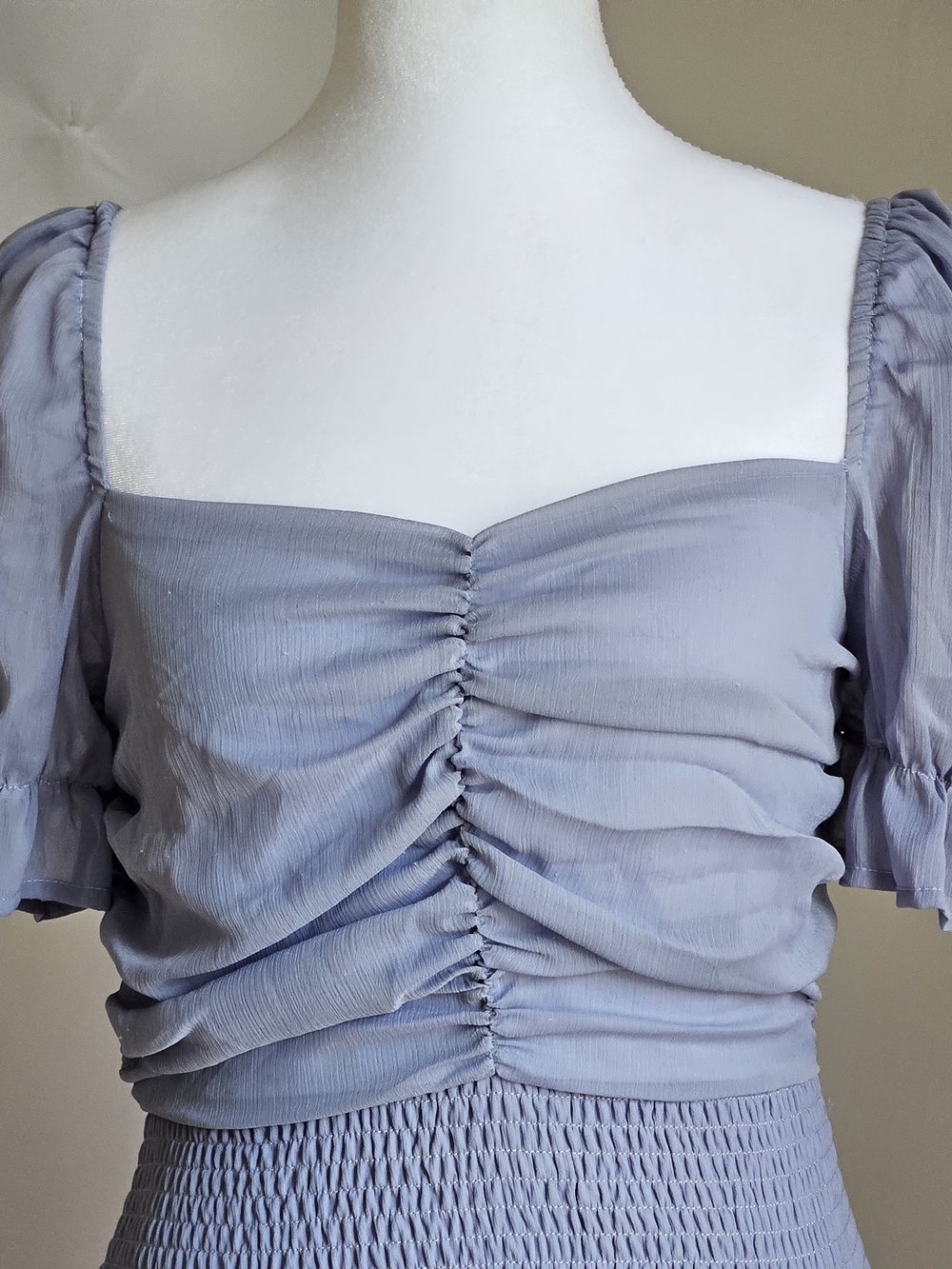 SHE + SKY Periwinkle Blue Smocked Bodycon Mini Dress Chiffon Ruched Bust Size S - Picture 3 of 15
